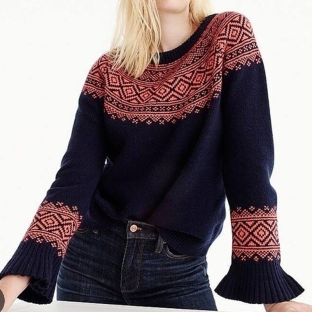 J Crew Fair Isle Ruffle Sleeve Sweater